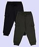 Kiddopanti Pack Of 2 Cotton Fleece Knit Solid Cargo Pocket Detailed Track Pants  - Military Green & Black