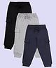 Kiddopanti Pack Of 3 Cotton Fleece Knit Solid Cargo Pocket Detailed Track Pants - Navy Blue Grey Melange & Black
