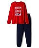 Kookie Kids Single Jersey Knit Full Sleeves Night Suit With Text Print - Red & Navy Blue