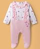 ToffyHouse Interlock Knit Full Sleeves Winter Wear Footed Romper With Frill Detailing & Butterfly Animal & Polka Dots - Pink & White