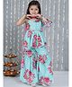 KID1 Cotton Woven Three Fourth Sleeves Floral Printed & Lace Embellished Coordinating Kurti Sharara With Dupatta Set - Turquoise