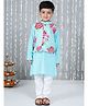 KID1 Cotton Woven Full Sleeves Solid Kurta Pyjama With Striped & Rose Printed Jacket Set - Turquoise