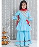 KID1 Cotton Woven Three Fourth Sleeves Foil Striped & Gotal Lace Embellished Angrakha Kurti Sharara With Dupatta Set - Blue