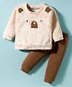 Be Baby Fur Knit Full Raglan Sleeves Winter Wear Sweatshirt & Pant Set With Animal Embroidery & Applique - Beige & Brown