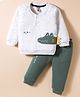 Be Baby Fur Knit Full Raglan Sleeves Winter Wear Sweatshirt & Lounge Pant Set With Dino Embroidery - Off White & Green