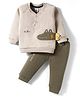 Be Baby Fur Knit Full Raglan Sleeves Winter Wear Sweatshirt & Lounge Pant Set With Dino Embroidery - Olive Green