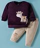 Be Baby Velvet Knit Winter Wear Full Sleeves Sweatshirt & Joggers Set with Giraffe Patch Embroidery - Beige & Maroon