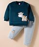 Be Baby Velvet Knit Winter Wear Full Sleeves Sweatshirt & Joggers Set with Giraffe Patch Embroidery - Dark Green & Light Blue