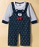 Be Baby Interlock Knit Dungaree & Full Sleeves Striped Inner Tee With Teddy Bear Print & Applique - Navy Blue & White