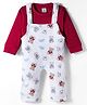 Be Baby Waffle Knit Dungaree & Full Sleeves Inner Tee With Teddy Bear Print - Red & Off White