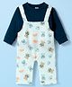 Be Baby Waffle Knit Dungaree & Full Sleeves Inner Tee With Teddy Bear Print - Sea Green & Navy Blue