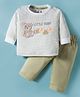 Be Baby Interlock Knit Full Sleeves T-Shirt & Joggers Set With Teddy Patch Print - Beige & Olive Green