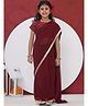 Little Bansi Georgette Woven Lace Detailed Wrap Around Saree With Half Sleeves Floral Embroidered Ready Made Blouse - Maroon