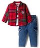ToffyHouse Interlock Knit Full Sleeves T-Shirt & Jeans Set with Checks Shirt & Badge - Red & Blue