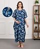 Bella Mama Cotton Woven Half Sleeves Maternity Kaftan Nighty with Floral Print - Blue