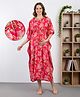 Bella Mama Cotton Woven Half Sleeves Maternity Kaftan Nighty with Floral Print - Red