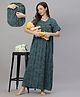 Quira Woven Half Sleeves Floral Printed Maternity Nighty With Side Zipper Nursing Access - Green