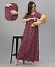 Quira Woven Half Sleeves Floral Printed Maternity Nighty With Side Zipper Nursing Access - Maroon