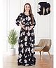 Quira Viscose Woven Three Fourth Sleeves Floral Printed Maternity Nighty With Concealed Side Zipper Nursing Access - Navy Blue
