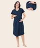 Quira Woven Half Sleeves Abstract Printed Maternity  Nighty With Concealed Side Zipper Nursing Access - Ink Blue