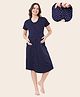 Quira Woven Half Sleeves Abstract Printed Maternity  Nighty With Concealed Side Zipper Nursing Access - Navy Blue