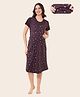 Quira Woven Half Sleeves Floral Printed Maternity Nighty With Concealed Zipper Nursing Access - Wine