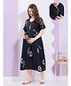 Quira Viscose Woven Half Sleeves Floral Printed Maternity Nighty With Concealed Side Zipper Nursing Access - Navy Blue