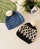 Woonie Knit Pack Of 2 Self Designed Pom Pom Embellished Hand Knitted Caps - Blue & Black - Circumference 32.5 Cm