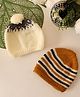 Woonie Knit Set Of 2 Striped & Pom Pom Detailed Hand Knitted Cap - Cream & Mustard - Circumference 45 Cm