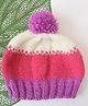 Woonie Hand Knit Colour Blocked Pom Pom Applique Detailed Cap - Pink - Circumference - 27.5 Cms