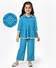 EARTHY TOUCH Single Jersey Knit Three Fourth Sleeves Indo Western Set With Floral Foil Print - Blue