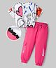 OLLINGTON ST. Cotton Knit Heart Printed Half Sleeves Top & Joggers Set - White & Pink