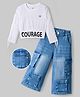 OLLINGTON ST. 100% Cotton Full Sleeves Top & Denim Pant Set with Text Print - White & Blue
