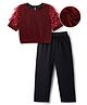 Hola Bonita Knit Half Sleeves Mesh Shimmer Top With Foil Print  & Trouser Set - Black & Red