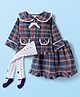 ToffyHouse Cotton Woven Full Sleeves Checks Party Top & Skirt Set With Leggings - Navy Blue