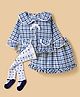 ToffyHouse Cotton Woven Full Sleeves Checkered Peter Pan Collared Party Top & Skirt with Bow Applique & Stockings - Blue & White