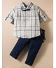 ToffyHouse Poplin Knit Full Sleeves Checkered Shirt & Pant Set With Bow & Suspender - Navy Blue