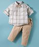 ToffyHouse Poplin Knit Full Sleeves Checkered Shirt & Pant Set With Bow & Suspender - Tan