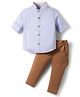 ToffyHouse Cotton Woven Full Sleeves Printed Shirt & Pant Set With Suspender - Tan & Blue
