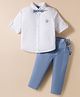 ToffyHouse Cotton Woven Full Sleeves Shirt & Pant Set With Bow & Suspender - Blue