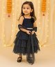 KIDSDEW Net Woven Sleeveless Floral Applique & Shimmer Layered Lehenga Choli With Dupatta Set - Navy Blue