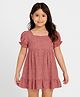 KIDSDEW Cotton Woven Half Puff Sleeves Abstract Printed  Dress - Coral