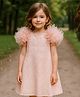KIDSDEW Lace Woven Half Sleeves Embroidered & Sequins Embellished Dress - Peach