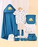 Babyhug Premium 100% Cotton Newborn Gift Set  11 Pcs Clothing Hamper Car Print - Blue| Jhabla, Bib, Wrapper, Mittens, Booties, 3 Wahs cloths & 2 Nappies| Gift Set for New Born Boys & Girls