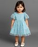 KIDSDEW Net Woven Flutter  Sleeves Star Foil Printed Tiered Dress - Blue