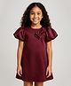 KIDSDEW Satin Woven Half Puffed Sleeves Bow Applique Detailed Dress - Wine