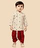 ETHNIKS NEURON Linen Woven Full Sleeves Mirror Work Embellished Kurta Dhoti Set - Cream