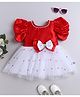 Many frocks & Satin Woven  Balloon Sleeves Bow And Pearl Embellished Dress - Red & White