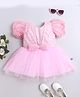 Many frocks & Net Woven Balloon Sleeves Floral Lace Embellished Dress - Pink