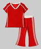 OLLINGTON ST. Cotton Knit Rib Half Sleeves Top & Trouser Set with Tape Detailing - Red